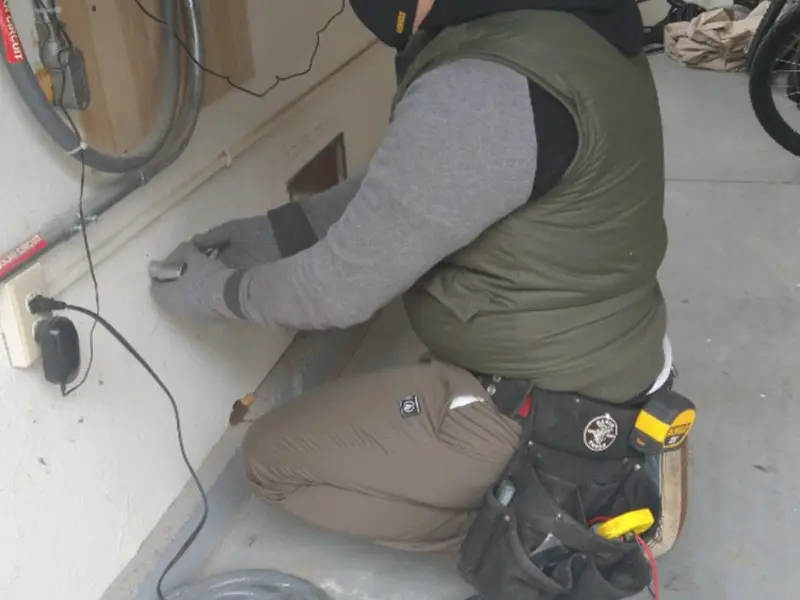 Electrician performing outlet wiring in a Maple Shade garage
